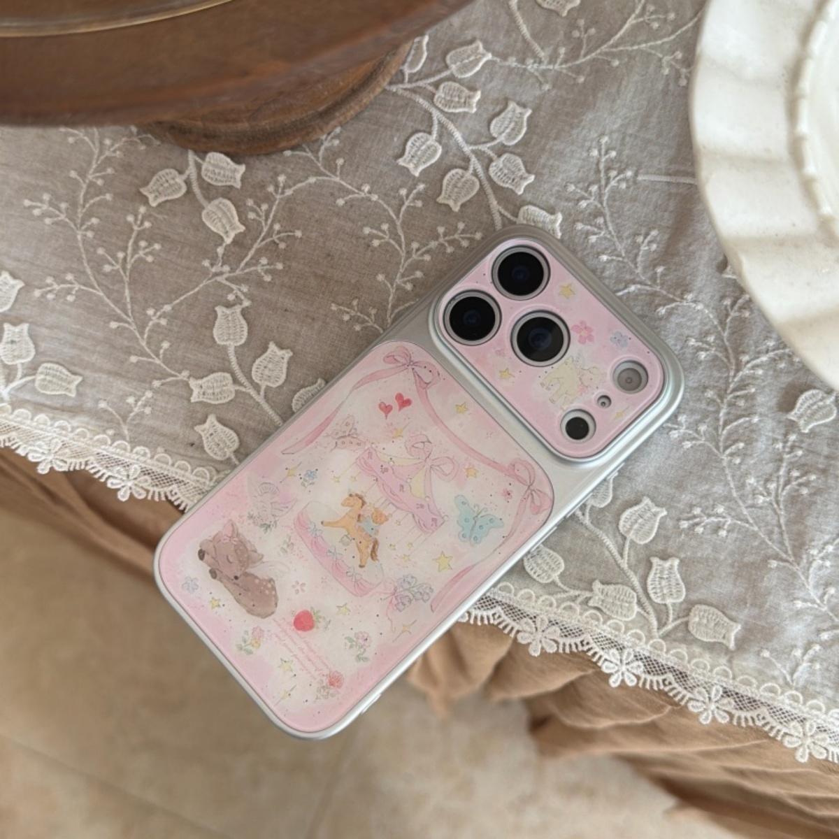 

Korean Cute Pink Carousel Deer Bow iPhone 17 Pro 16 Pro Max 14 15 Case Anti Drop Protective Cover iPhone 13