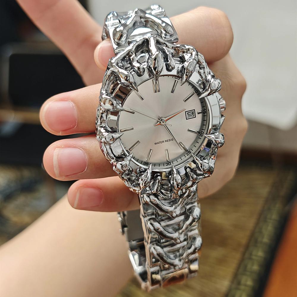 Mens Punk Style Quartz Watch Unique Claw Design Metal Bracelet Watches Waterproof with Date