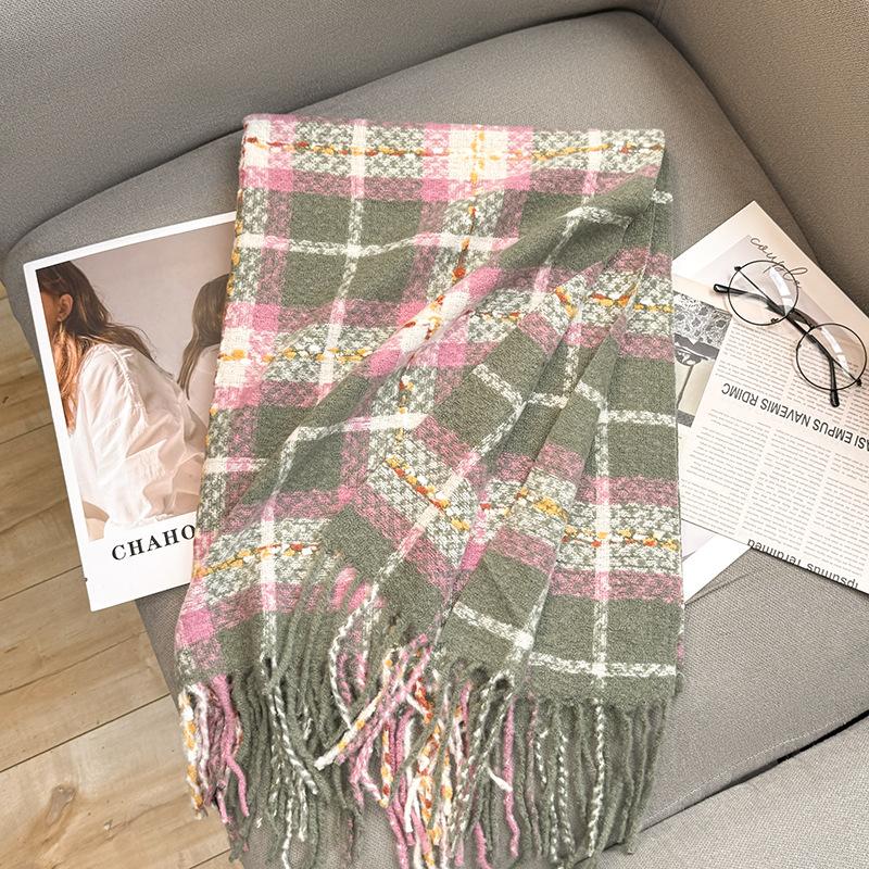 2024 Autumn And Winter New Line Couple Imitation Cashmere Scarf Women'S Pink Plaid Shawl Tassel Warm Scarf Versatile