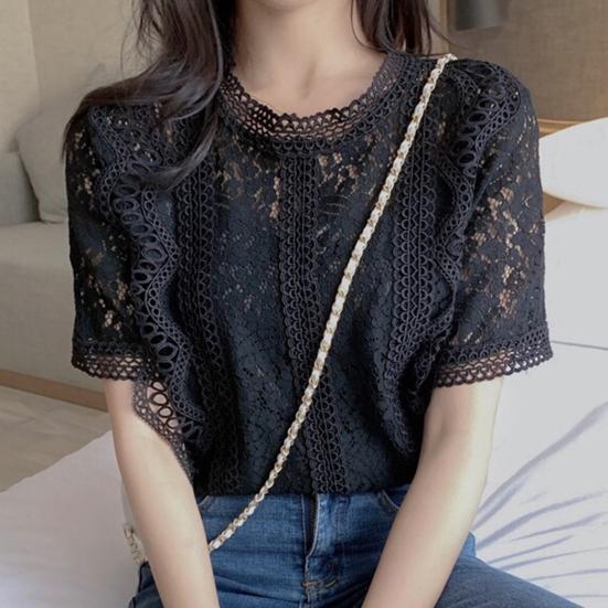 O-neck Short Sleeve Loose Summer Blouse Casual Lace Hollow Out Elegant Shirt Workwear