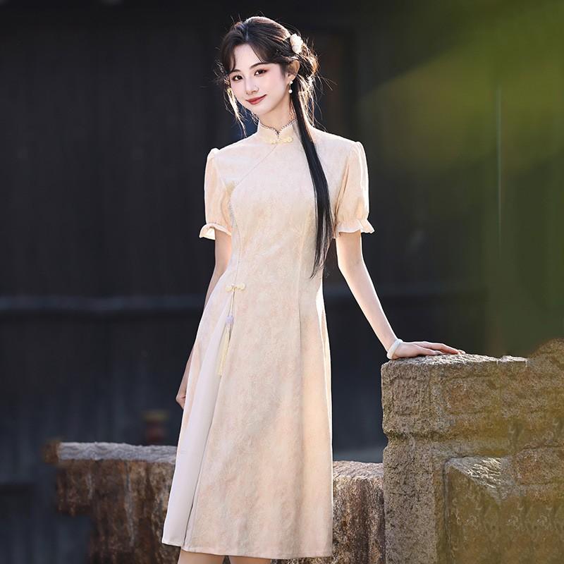 Pink Womens Modern Cheongsam Dress With Lace Embroidery Stand Collar Princess Sleeve 2026 Small