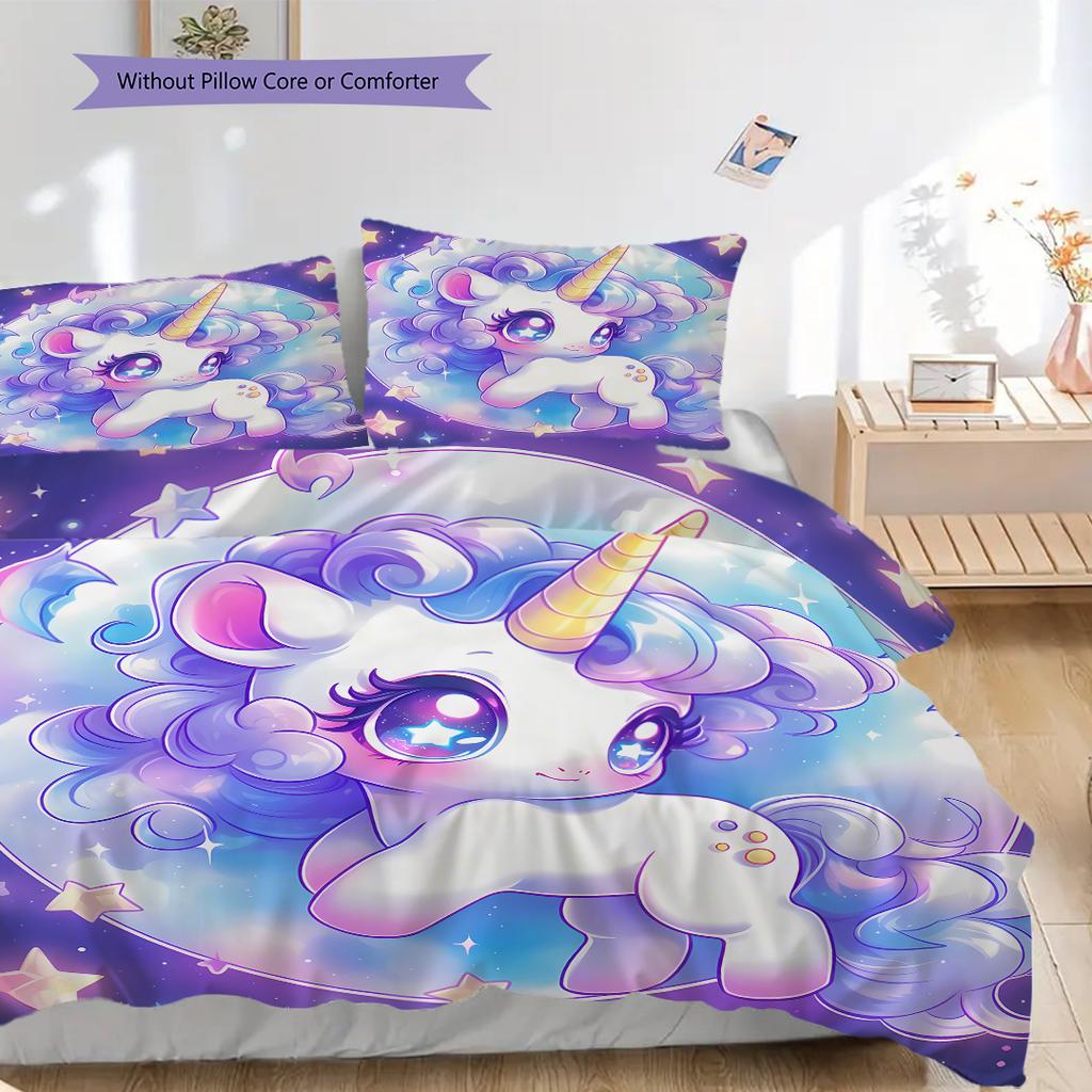 Cartoon cute fantasy unicorn bedding, duvet cover, pillowcase, home decoration, birthday gift (1 * duvet cover+2 * pillowcase, coreless)