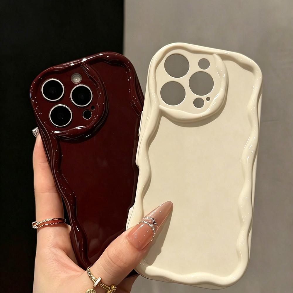 3pcs New Flat Printed Cream Burgundy Clear Wavy Edge Soft Phone Case For 17 16 15 14 13 12 11 Pro Max Plus 16e 17e Cover