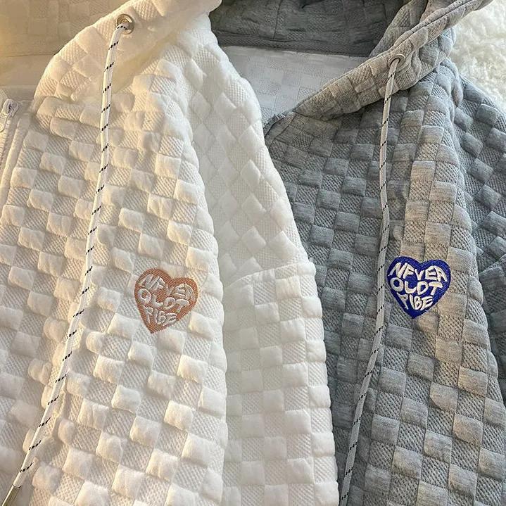 Women's Fall Design Waffle Hooded Jacket Lazy Preppy Style Zipper Top