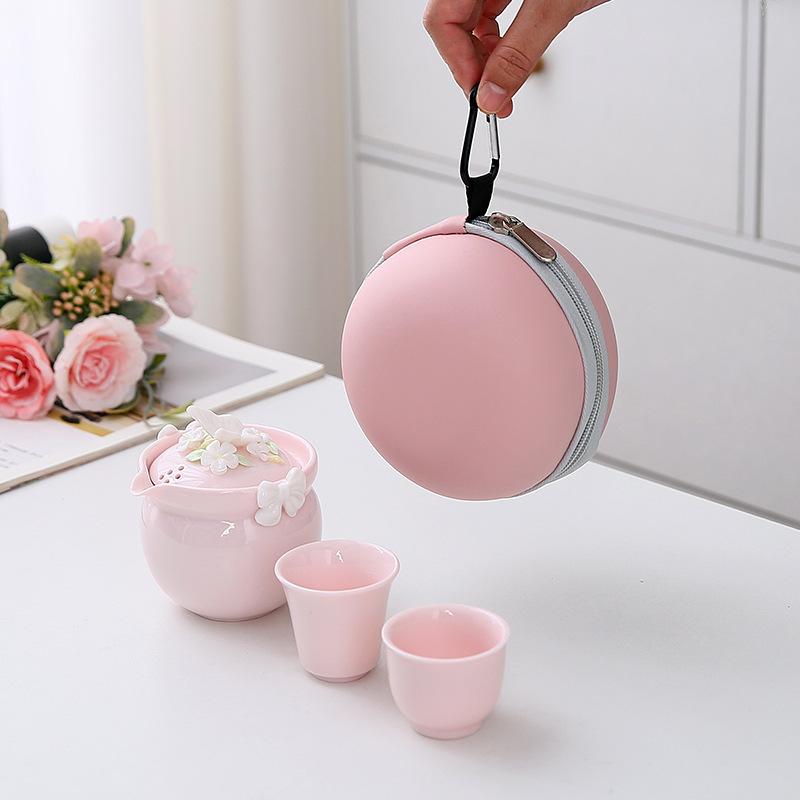 One Pot Two Cups Simple Travel Tea Set Butterfly Love Pink Quick Tea Cup Portable Outdoor Light Luxury Women's Teapot