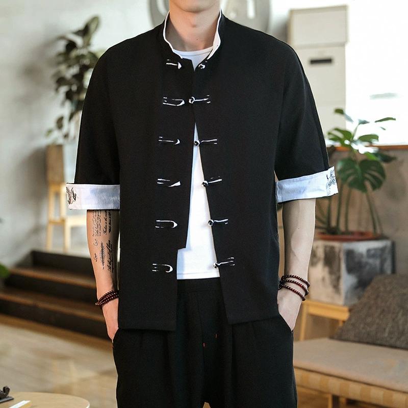 Summer Men's Short Sleeved T-shirt with Chinese Style, Youth Embroidery, Retro Color Blocking, Plate Buckle, Stand Up Collar, Tang Suit
