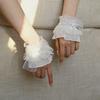 White Lace Wrist Cuffs for Women Short Sequined Tulle Fingerless Gloves Elastic Ruffle Wristband for Wedding Tea Party Masquerade Nightclub Cosplay