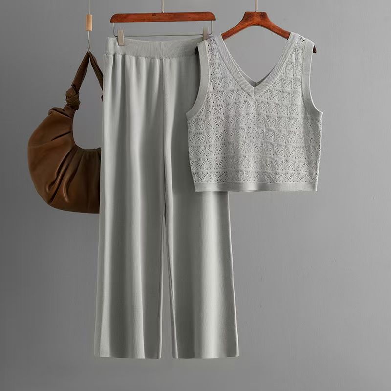 

Fashion Wind New Arrival Knitting Cut Out Vest Loose Pants Two-Piece Suit Knitted Vest and Pants Set Grey All yards