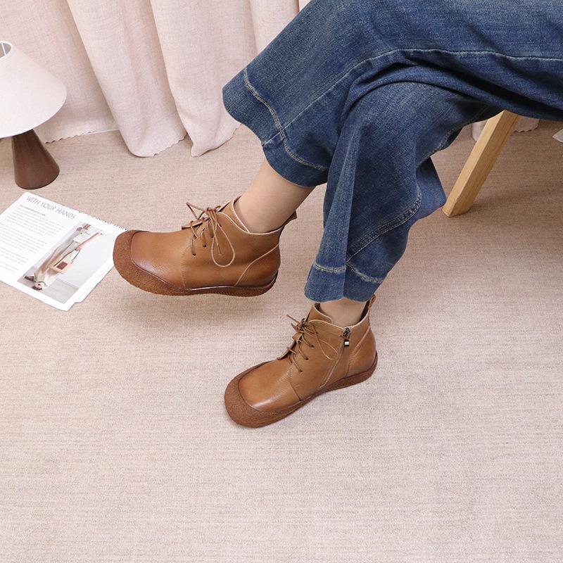 

Johnature Genuine Leather Soft Sole Lace Up Versatile Ankle Boots Retro Round Toe Flat Bottom Women s Shoes 40 кавовий