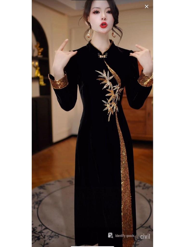 Elegant Winter 2026 Chinese Velvet Qipao Dress - Slimming Mid-Length Skirt
