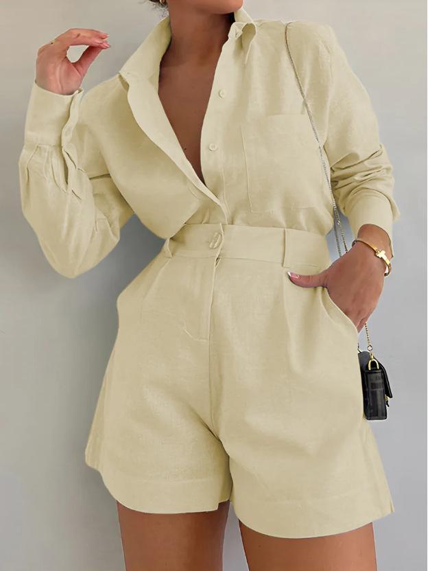 2024 Trendy Women's Casual Suit: Long Sleeve Shirt & Shorts Set
