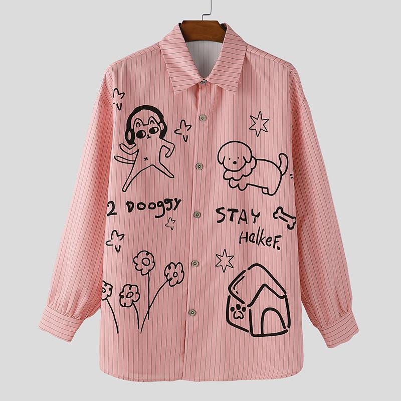 INCERUN S-5XL Men Lapel Neck Long Sleeve Cute Print Casual Loose Oversized Tops Shirts
