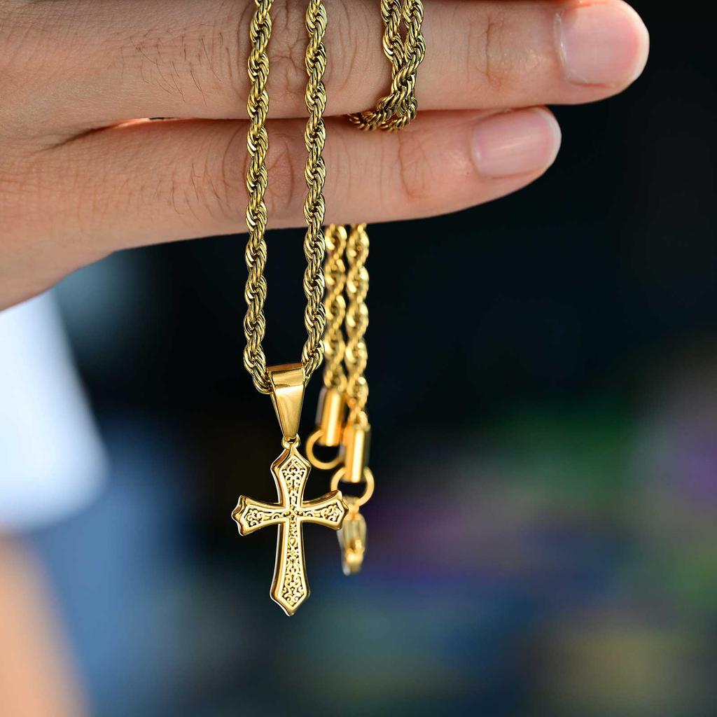 Personality Stainless Steel Cross Pendant Necklace for Men Boys, Retro Religious Faith Prayer Jewelry Gift