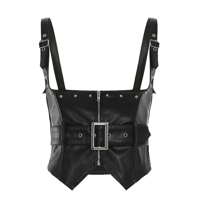 H Home European and American Women's Clothing Motorcycle Dark Metal Buckle Zipper Leather Chest Plate Pull Cool Sexy Rivet Vest Top Tide