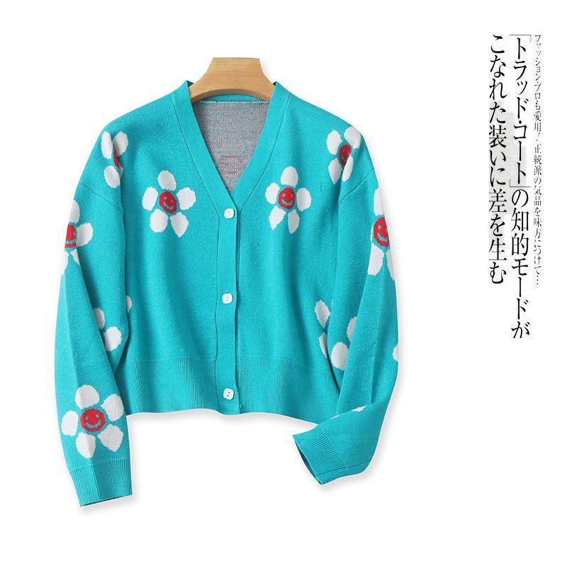 

Укороченный кардиган свитер Осень и Зима Новое поступление Женская одежда Модный Свободный V-образный вырез Однобортный Длинный рукав Парчовый свитер 27500 Lake Blue A-4-18-1 M