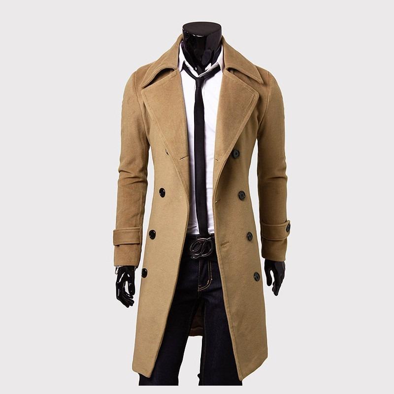 Men S Double Breasted Mid Length Casual Slim Woolen Trench Coat
