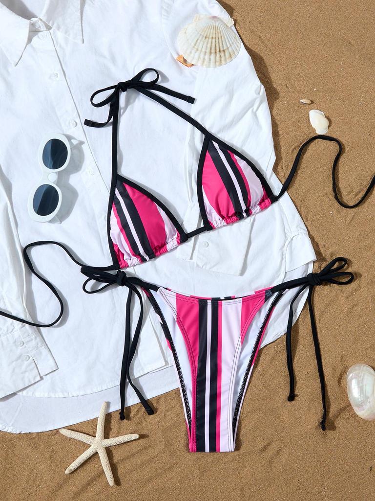 Gestreifter Print Krawatten-Dreieck Sexy geteilter Bikini Badeanzug für Damen