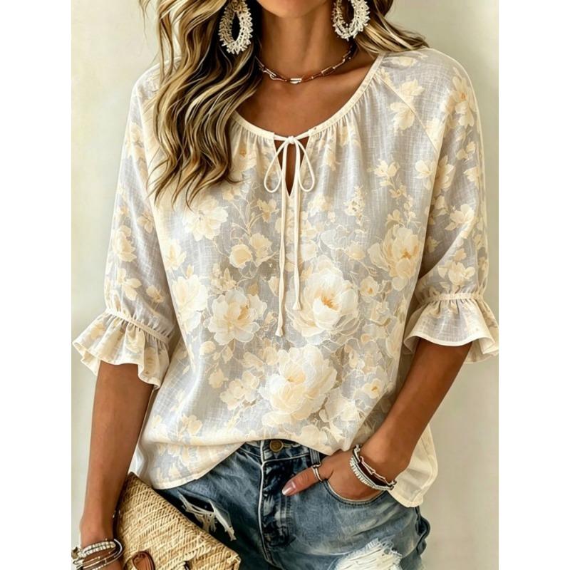 Women's Beige Gray Floral Print Tie Neck Blouse, Casual Loose Tops for Spring Summer Daily Wear & Vacation Occasions