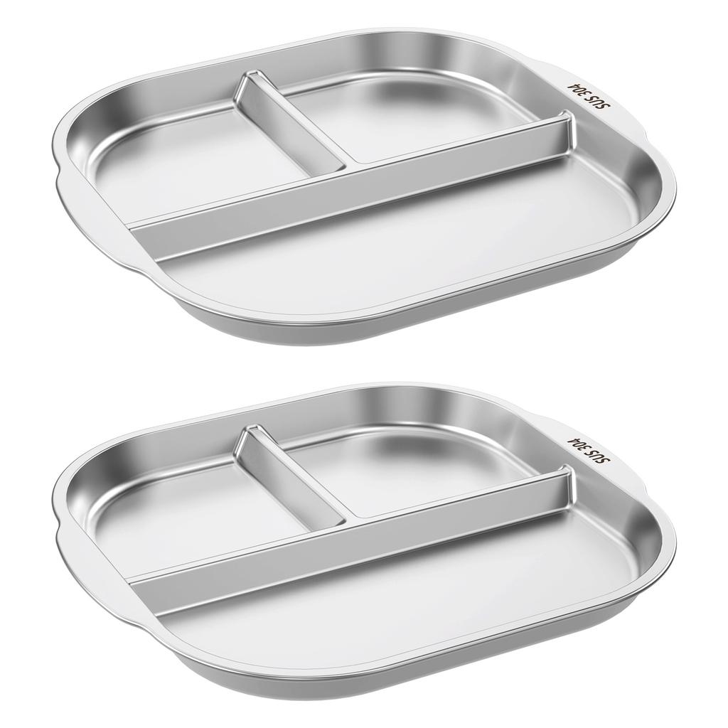 2 Pcs 304 Stainless Steel Dining Tray 3 Compartments Snack Fruit Plate Reusable Divided Dinner Plates for Home School Restaurant