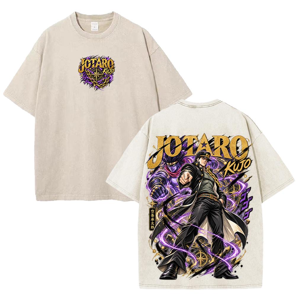 JoJo's Bizarre Adventure Jotaro Kujo Anime T-shirt Men Clothing Vintage Washed Oversized T Shirt Short Sleeve Cotton Tees Tops