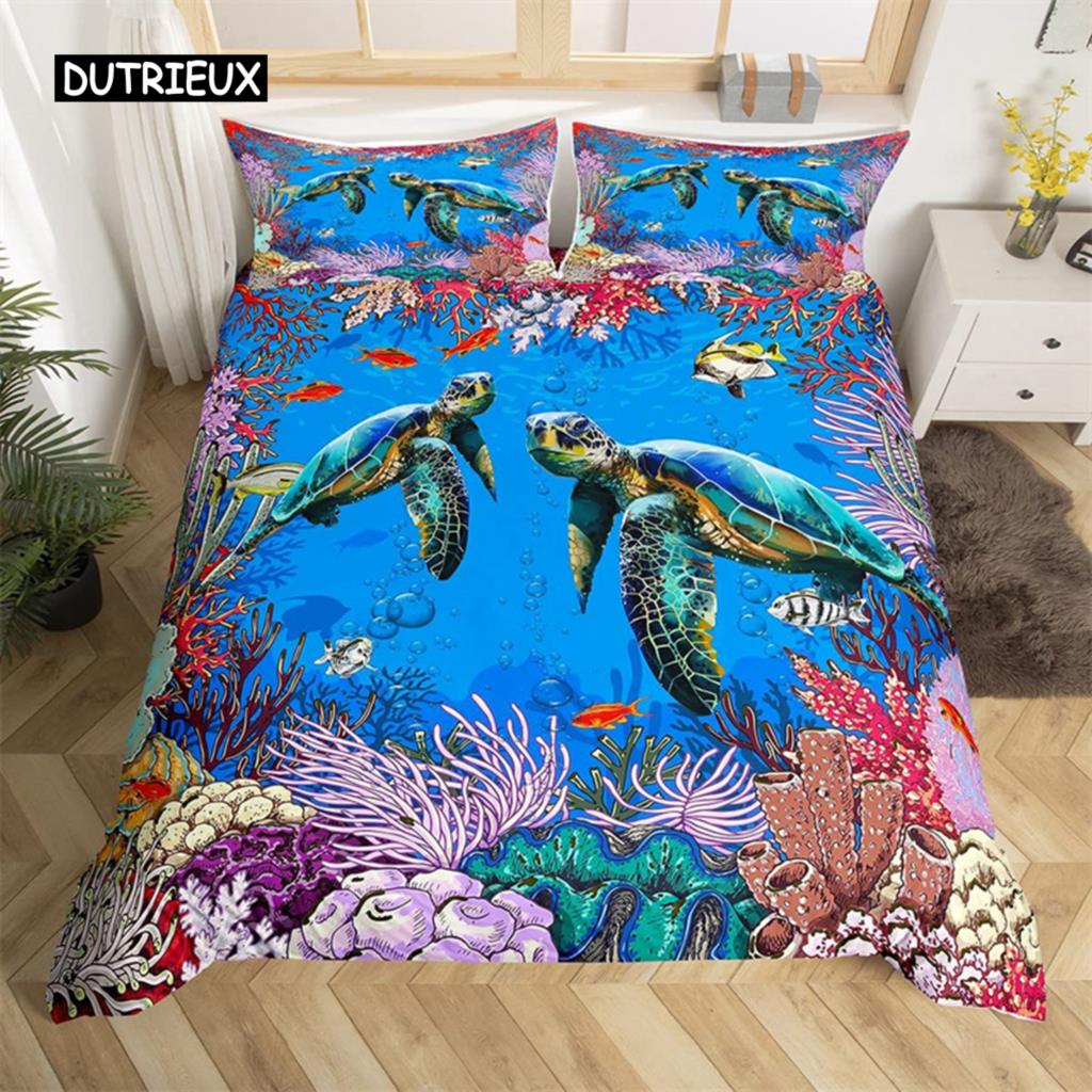 Sea Turtle Duvet Cover Sea Turtle Jellyfish Coral Reef Bedding Set Microfiber Blue Ocean Underwater World Queen King Quilt Cover