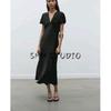 Spring New Women's Clothing French Style Elegance Silk Satin Texture Short Sleeve V-neck Midi Skirt Dress 2330399