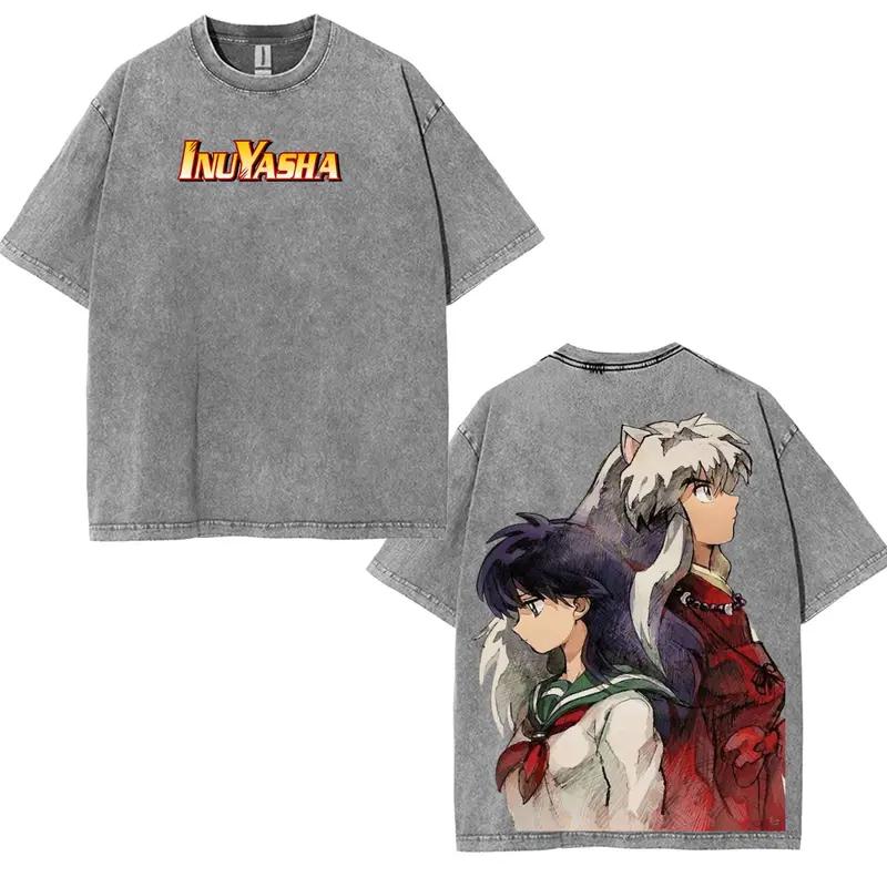Hot Anime Inuyasha Higurashi Kagome Graphic Tee Men Women Clothing Washed Cotton Tshirt Casual T-shirt Harajuku Vintage T Shirt XXL серый 1590₽