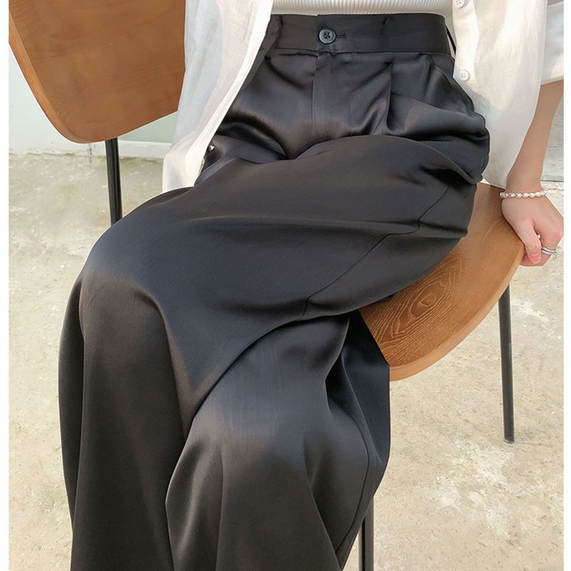 Summer Autumn Women's Trousers Black Straight High-waisted Loose Classic Trousers Casual Silk Satin Wide Leg Trousers for Women