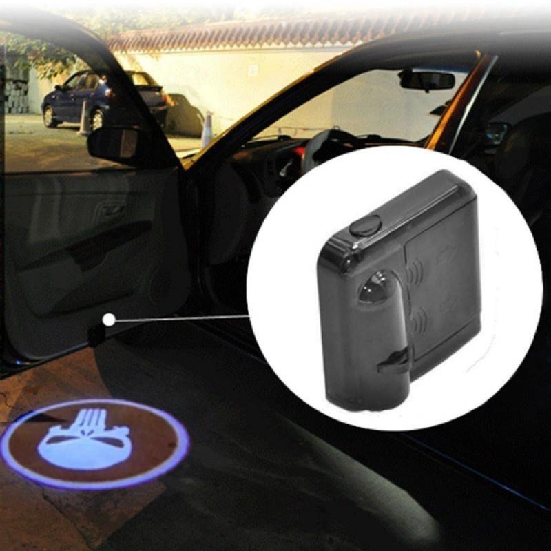 2pcs Wireless Universal Car Projection LED Projector Door Shadow Logo Light Welcome Lamps Courtesy Lights Kit Magnet Sensor White Skull