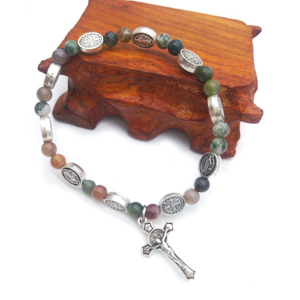White Bracelet Crucifix Medal-Bracelet Catholic Jewelry Adjustable Crystal Beads