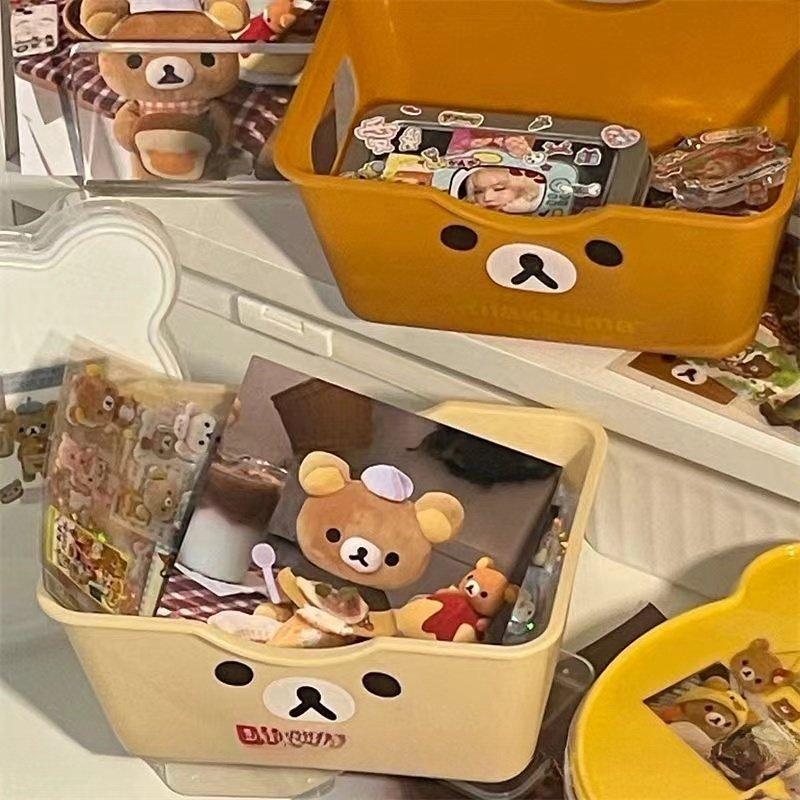 Rilakkuma Cartoon Storage Basket Multifunctional Kawaii Desktop Organizer Stationery Handcraft Stickers Cute Notebook Supplies