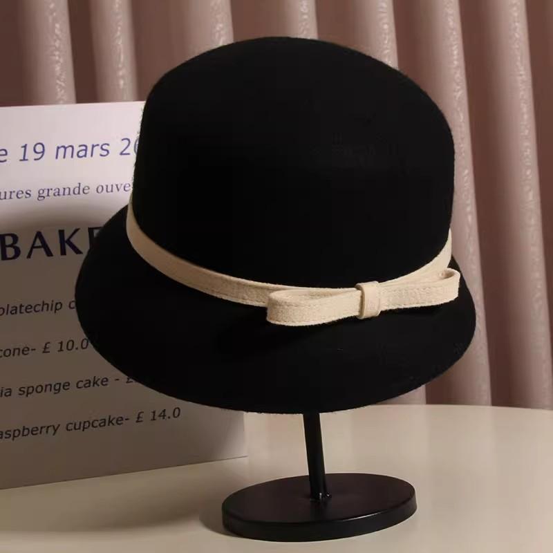 

Vintage Women Bucket Cap Autumn Winter French Bow Top Hats Sweet Fedoras Cap Ladies Dome Felt Wedding Church Jazz Caps чорний