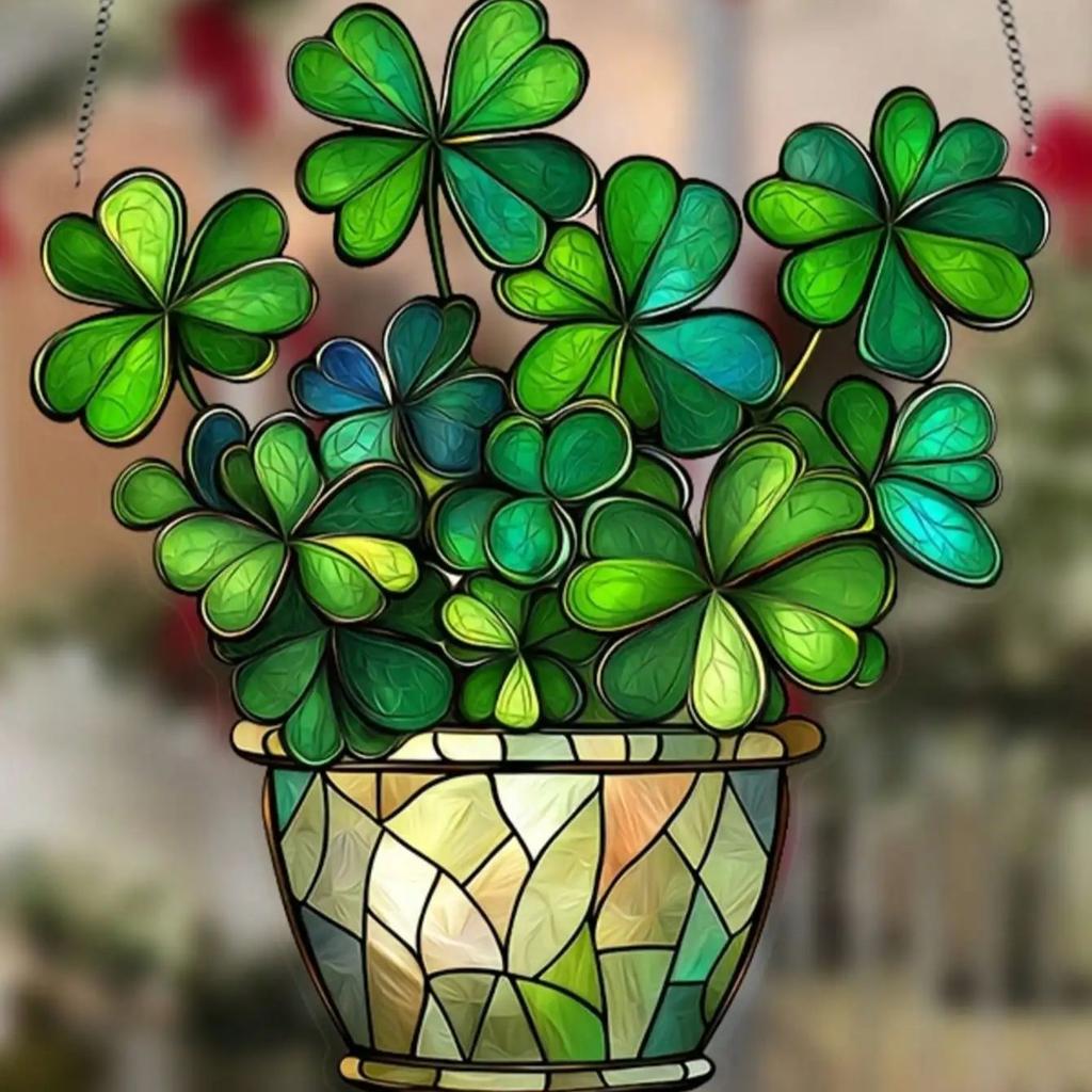 1PCS St. Patrick's Day Lucky Clover Sun Catcher - Window Hanging Decoration, Colorful Glass Style Home Office Light Catcher,