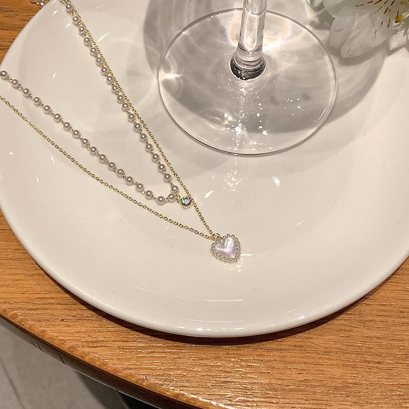 Summer Pearl Double-Layered Heart Necklace for Women - High-end Design, Small-Scale, Layered, Delicate Collar Chain Necklace
