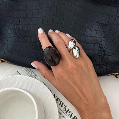 Salircon Y2K Boho Wide Thick Resin Acrylic Rings Set for Women Trendy Metal Silver Color Smooth Water Drop Finger Ring Jewelry
