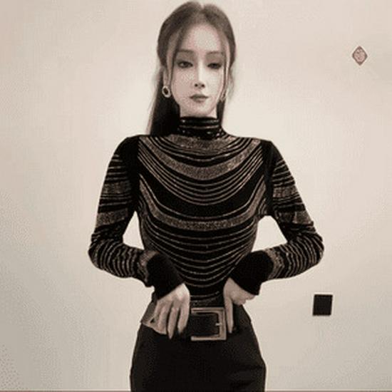 De Rong Women's High-Class Autumn Winter Half-High Collar Long Sleeve T-Shirt with Hot Drilling