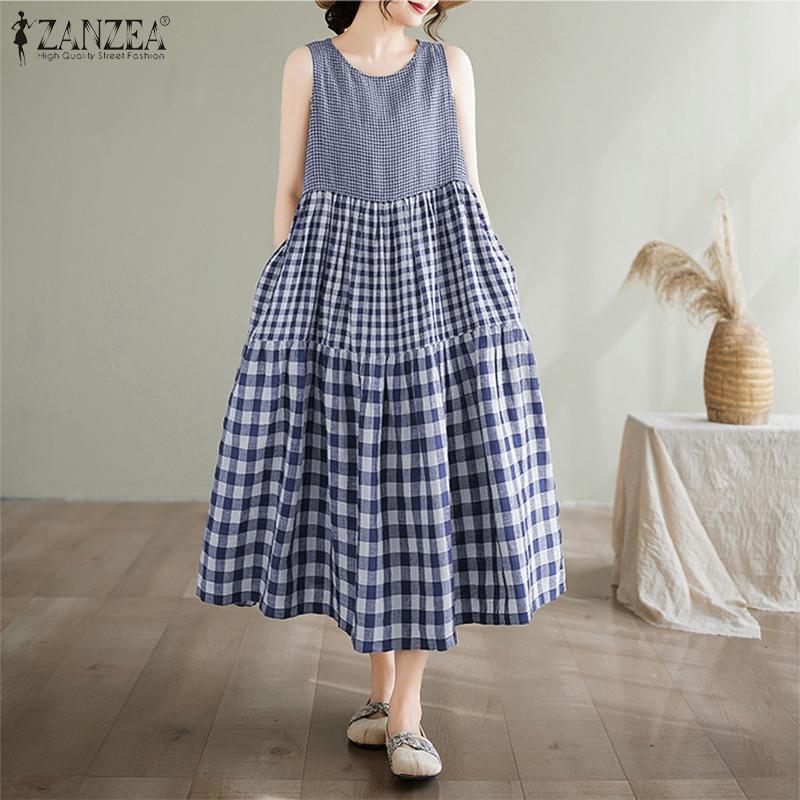 ZANZEA Womens Casual Round Neck Summer Grid Print Sleeveless Dress