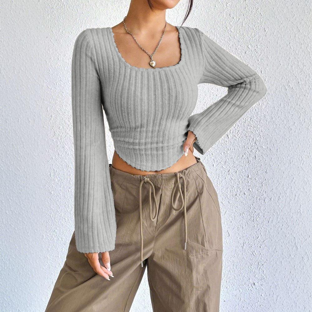 European and American Spring/summer Women's Fashionable Elegant T-shirt, Square Neck Flared Long-sleeve Top