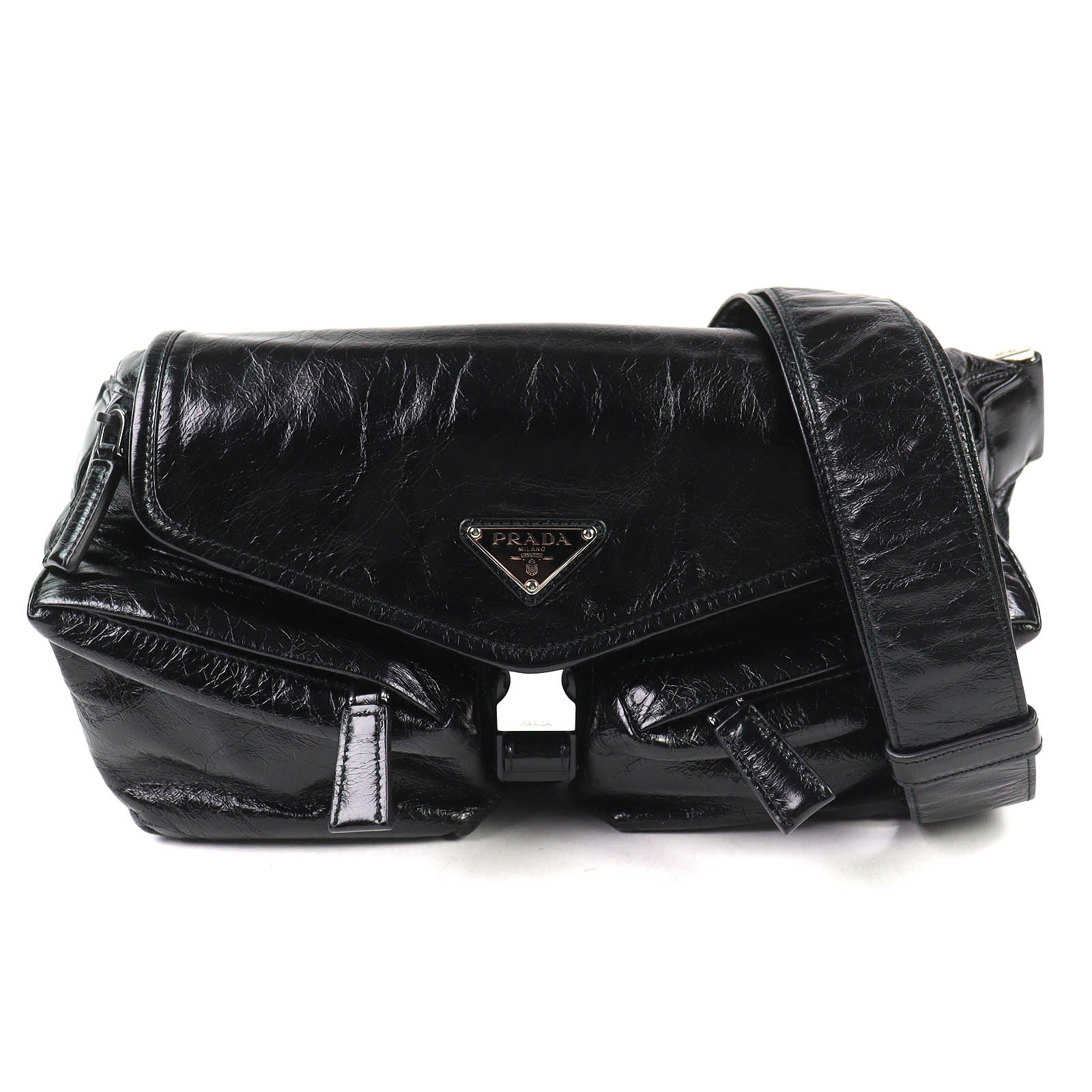 

Great PRADA Sling bag Triangle Logo Leather Shoulder Bag black mens 2VH174 Used
