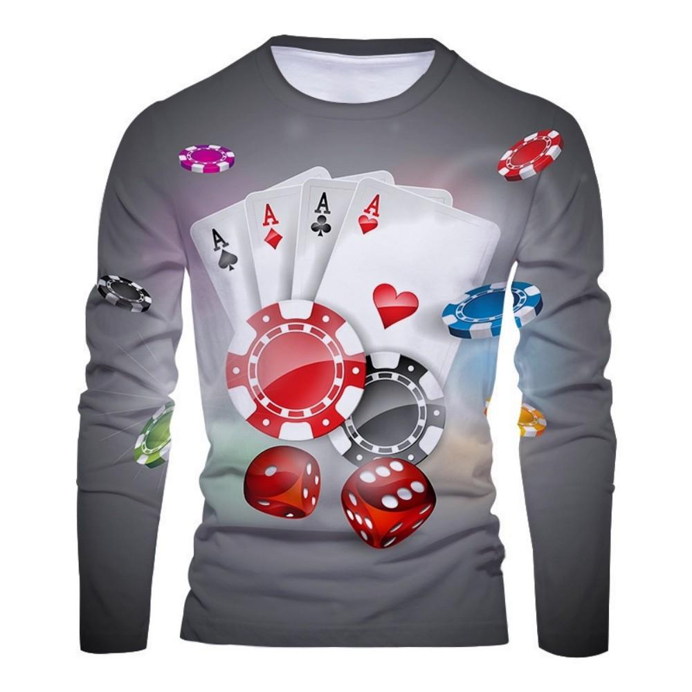 Casino Poker Print Long Sleeve T-Shirt, Stylish Casual Wear