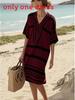 Polyester Digital Print Striped Vneck Dress With Short Sleeves For Casual Summer Wear