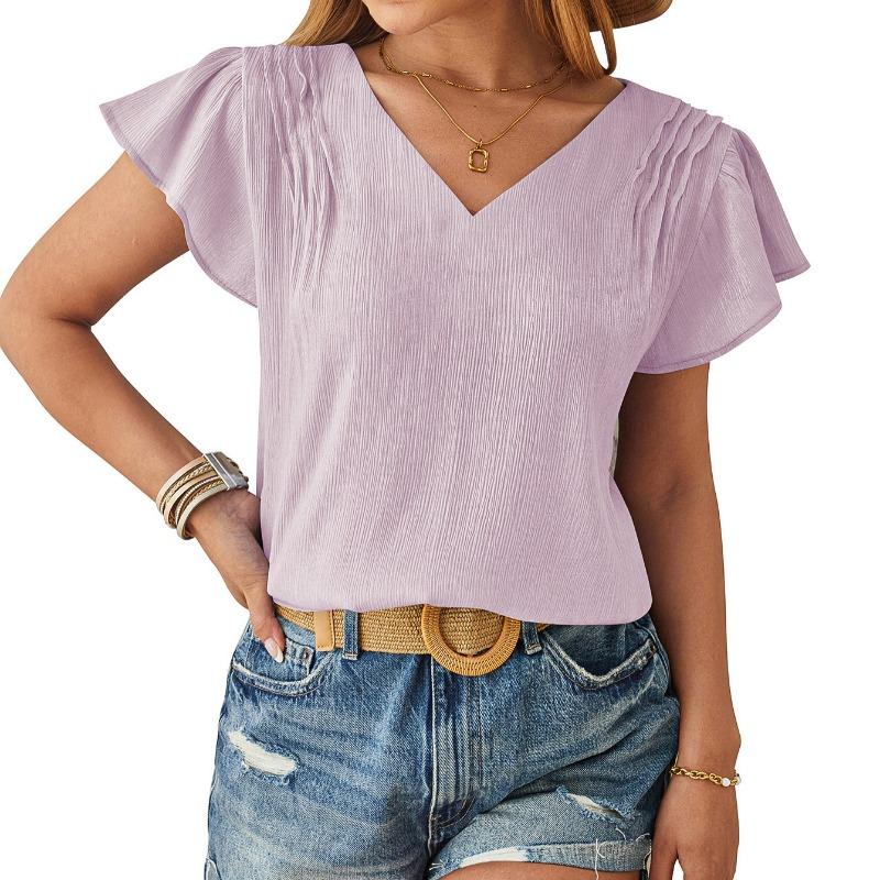 Summer New V-neck Fashion Short Sleeve Casual Women Blouse Elegant Loose Pleated Office Tops Solid Color Simple Loose Slim Women Vlothing