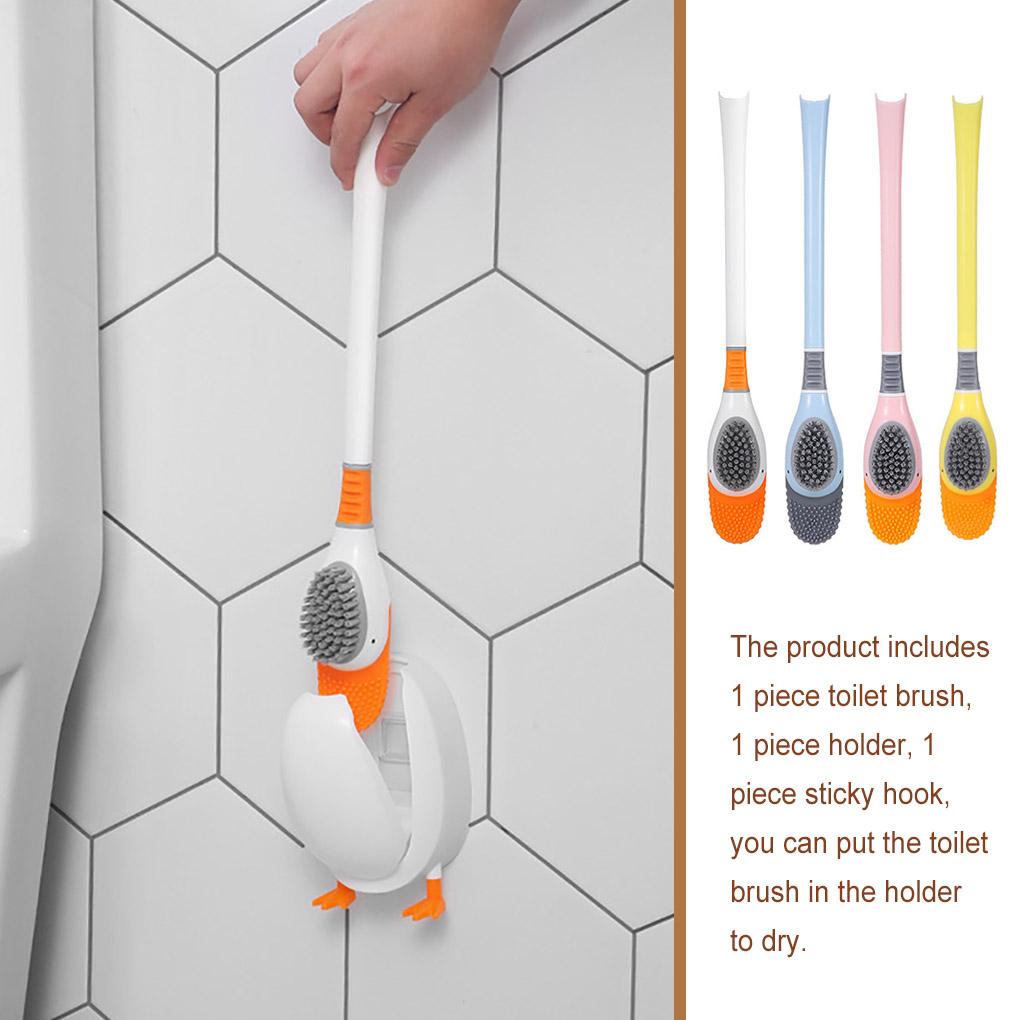 Toilet Brush Holder Cute Silicone Scrubber with Long Handle Quick Drying Bracket Flexible Brushes Bathroom Cleaning Accessories