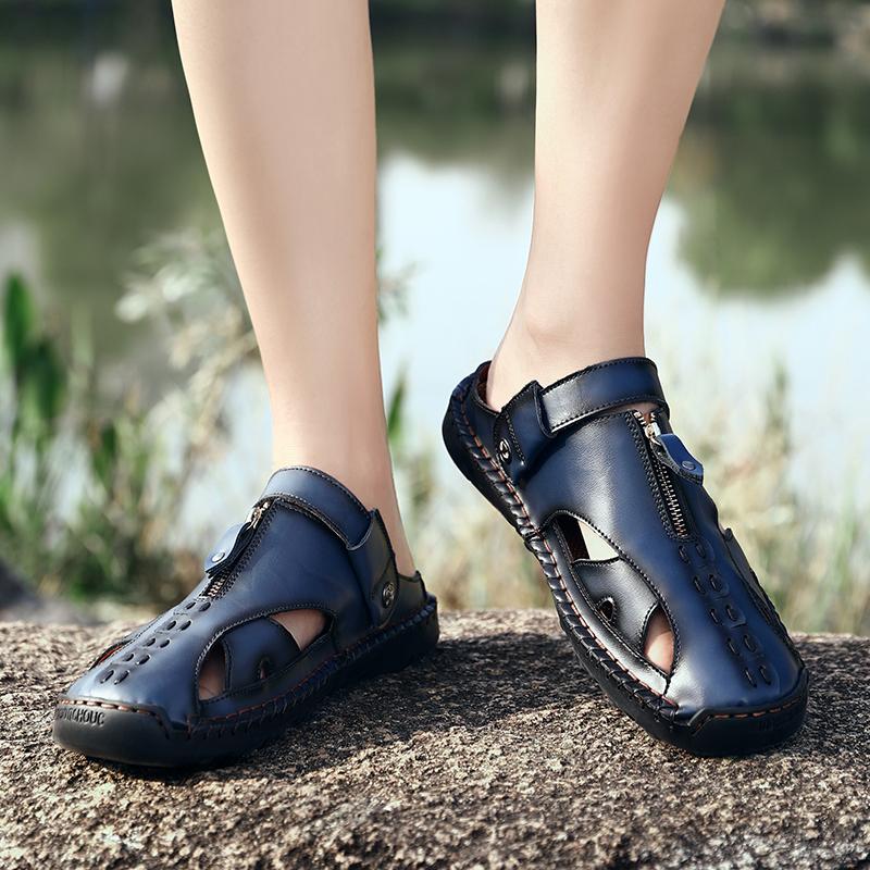 Men Outdoor Hiking Sandals Brown Leather Closed Toe Blue Beach Shoes Walking Handmade Sandals Plus Size