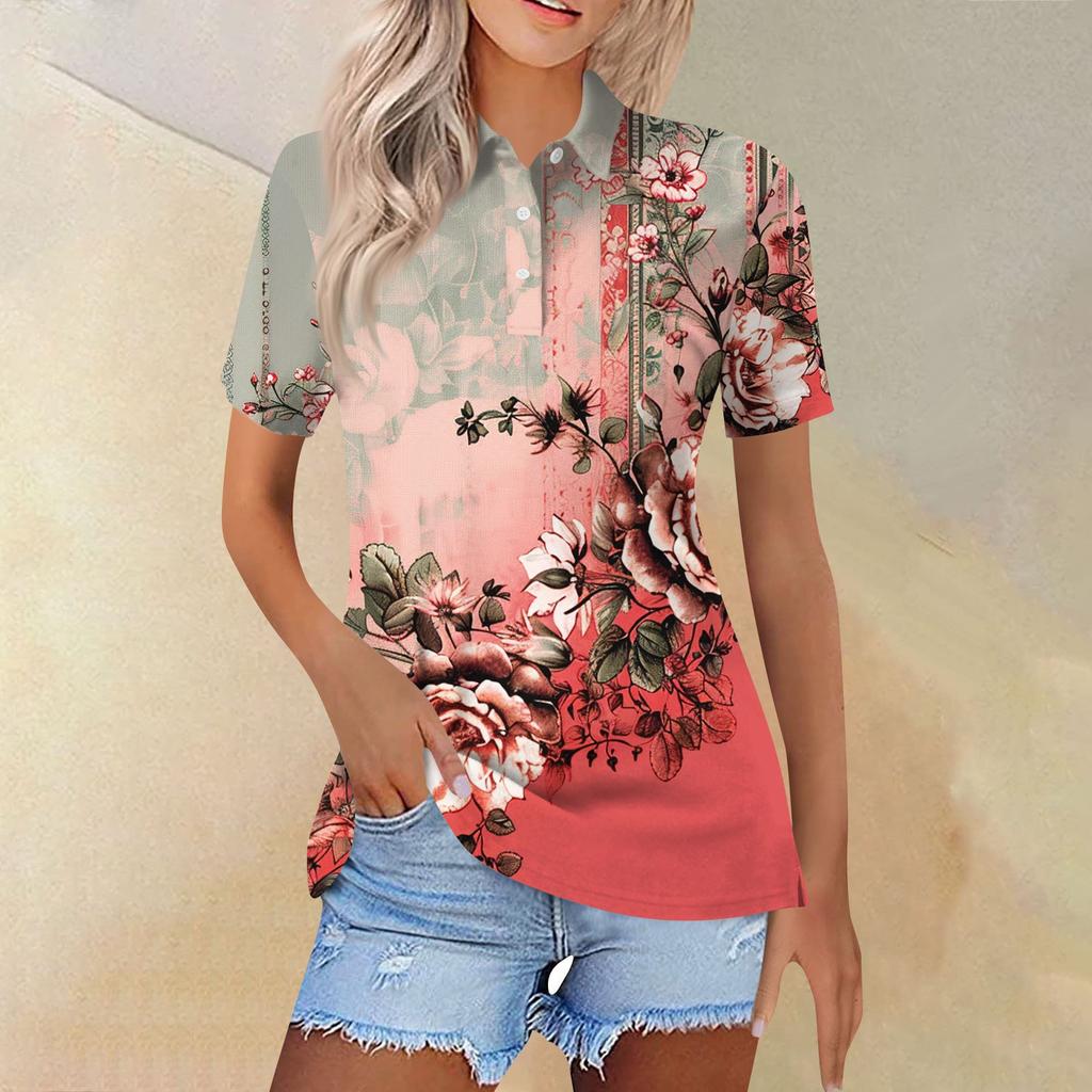 Women's Fashion Casual Lapel Short Sleeve Print Shirt Women's Button Up Tops