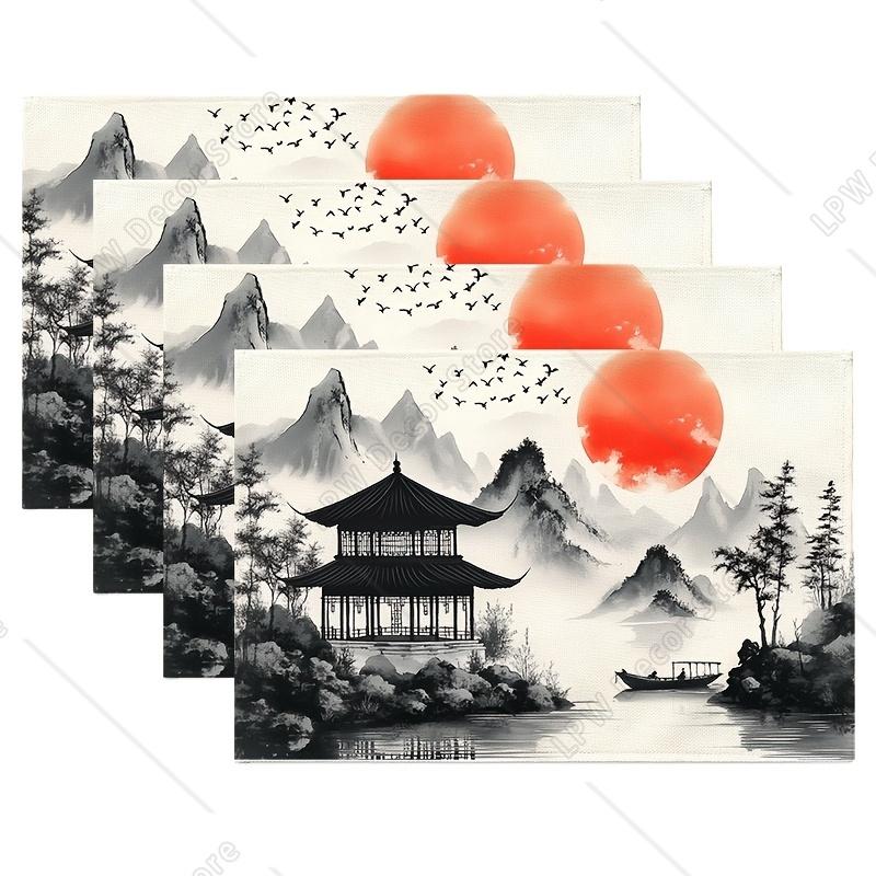 

4pcs Chinese Landscape Painting A Pavilion Placemats Farmhouse Dining Table Place Mats Spring Summer Country Rustic Kitchen Deco 4 PCS 12x18inch