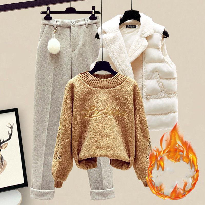 Cotton Jacket Vest Long Sleeved Sweater Pullover Woolen Pants Elegant Women's Pants Set