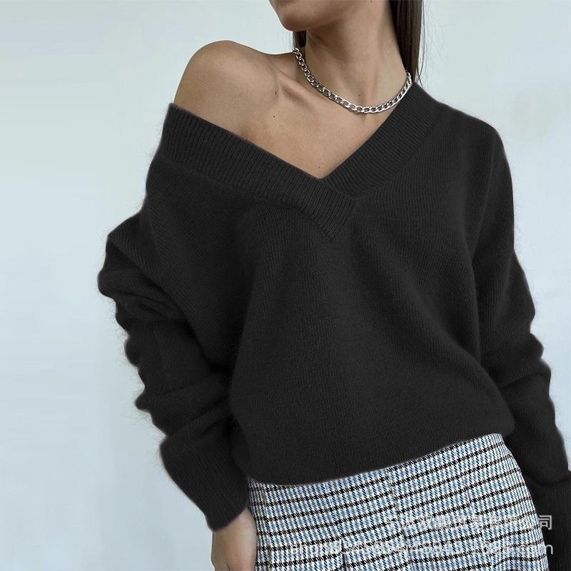 Women's Temperament Solid Knit Sweater V-neck Long Sleeve Faux Mink Hair Soft Loose Knit Top Fashion Lazy Style Simple Casual Sweater