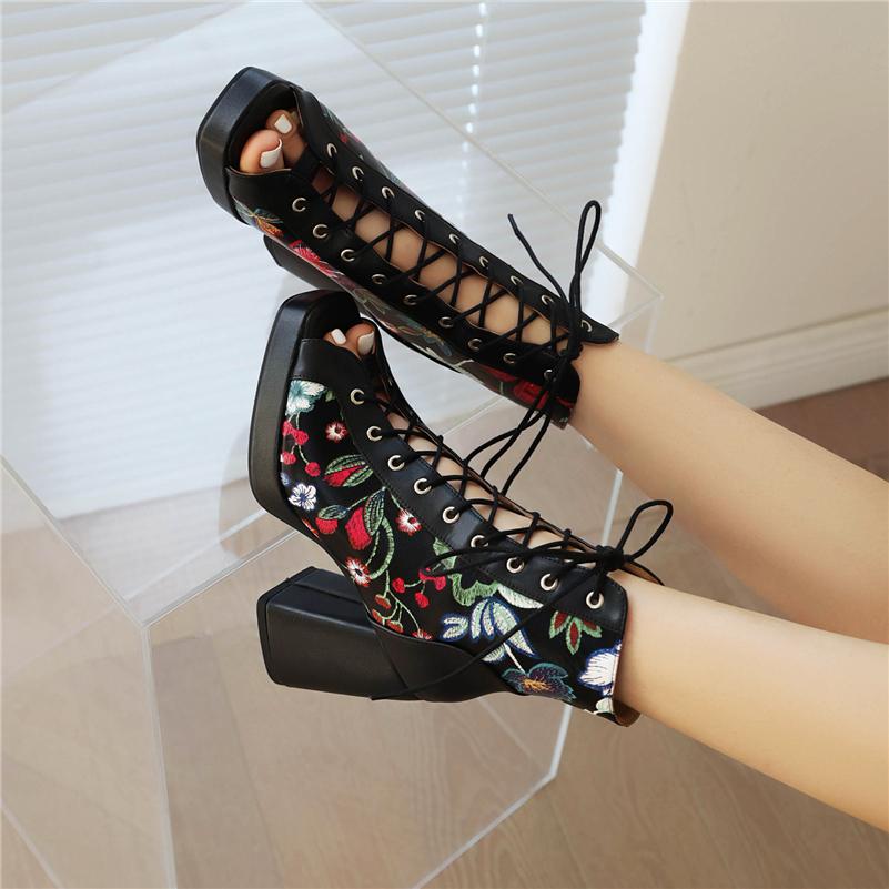 FOREADA Women Sandals Peep Toe Thick High Heels Platform Embroider Lace-up Comfort Boots Ladies Fashion Shoes Summer Balck 46