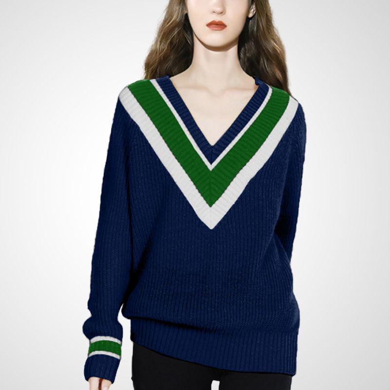 

Модный контрастный свободный верх минималистичный свитер с V-образным вырезом Green + navy blue 2XL